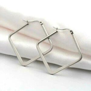 Surgical Stainless Steel Bladed Rhombus 39x39mm Silver Hoop Earrings